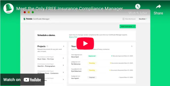 you tube video of an office setting with HR staff managing vendor documents. Emphasizes streamlined COI tracking for internal teams and external partners.